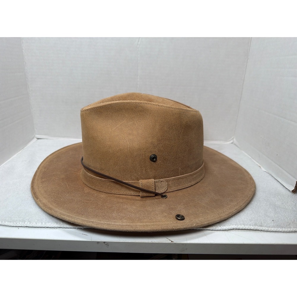 Minnetonka Outback Hat Men Large Tan Suede Leather Western Chin Strap Wide Brim